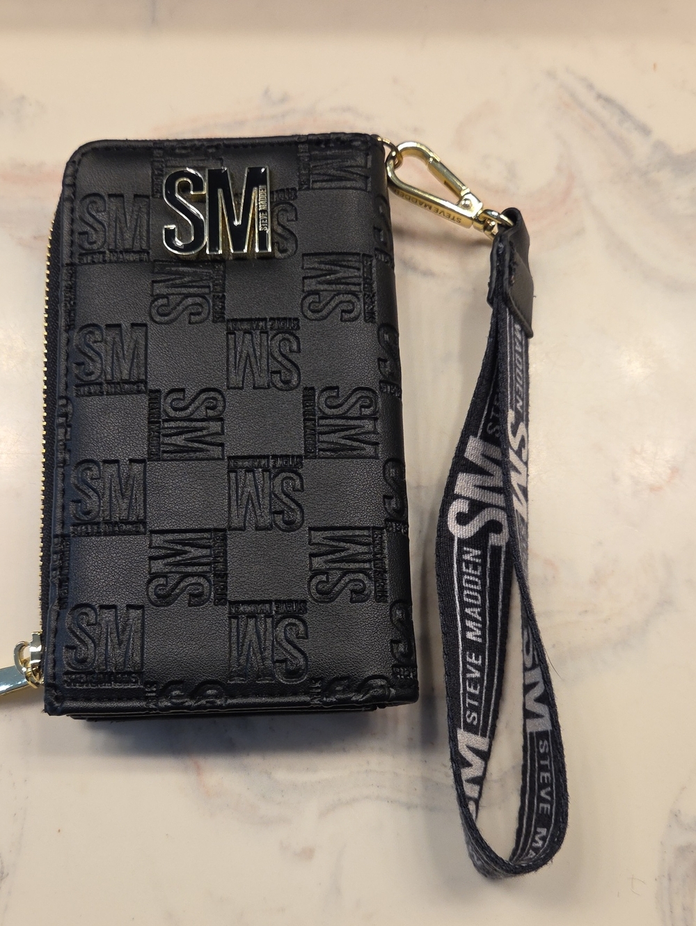 Steve Madden Black Embossed SM Wristlet Wallet with Logo Charm